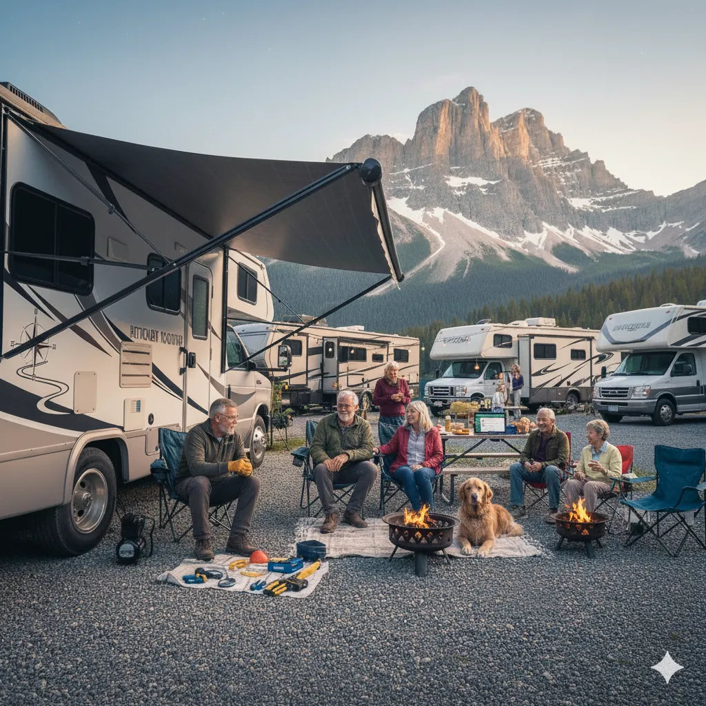Retired RV travelers socializing at outdoor community gathering