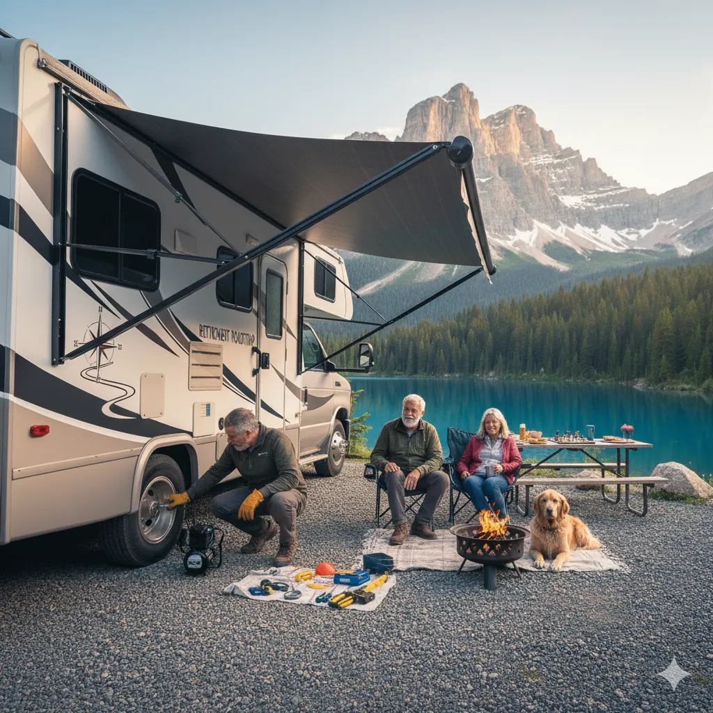 RV owner performing routine maintenance checklist at campground