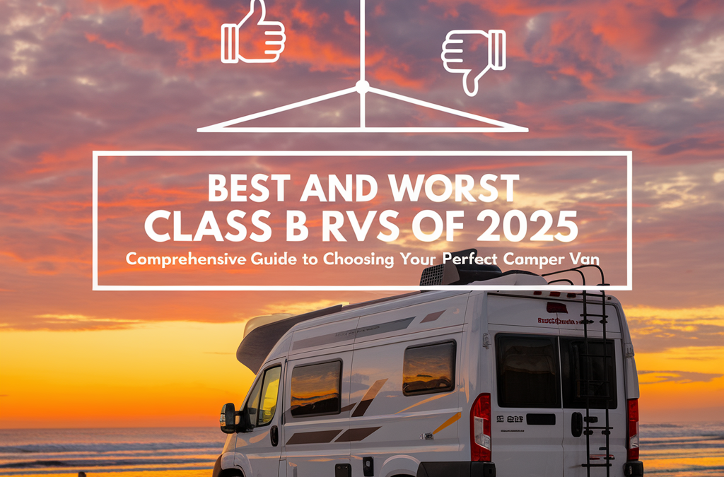 Class B RV parked on a beach at sunset