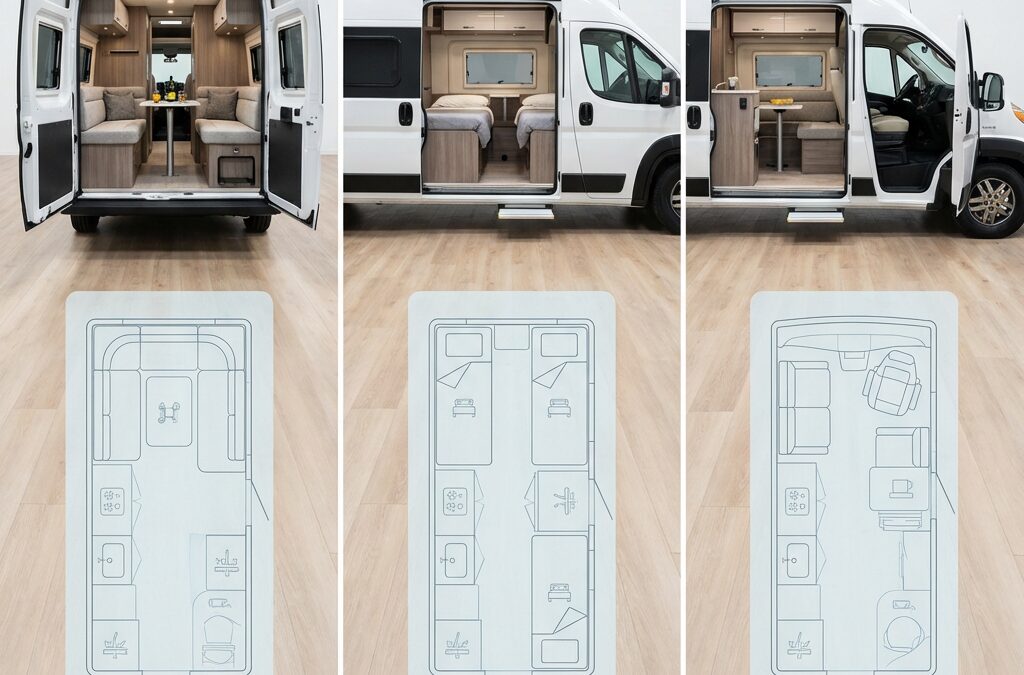 A clean side-by-side scene showing three distinct Class B RV (Camper Van) layout archetypes in one frame: left: rear lounge setup center: twin-bed layout right: front lounge or front-bed style with a subtle top-down floor plan overlay beneath each van