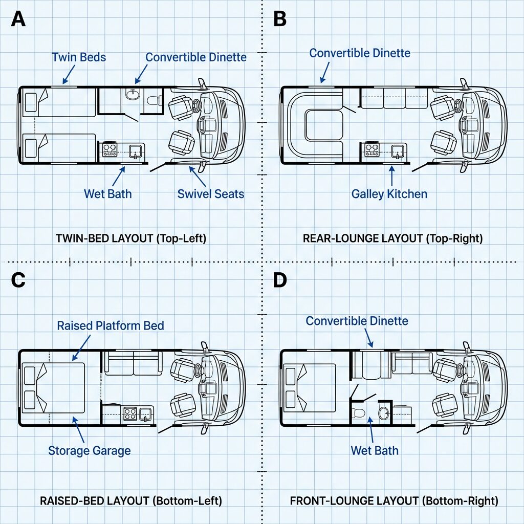 Annotated 2026 Class B floor plan grid comparing twin-bed, rear-lounge, raised-bed, and front-lounge layouts