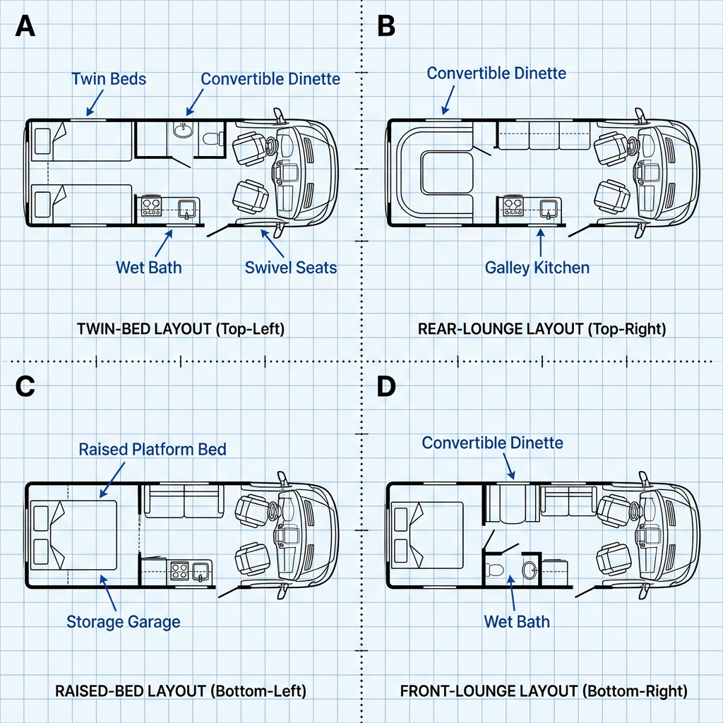 Annotated 2026 Class B (Camper Van) floor plan grid comparing twin-bed, rear-lounge, raised-bed, and front-lounge layouts