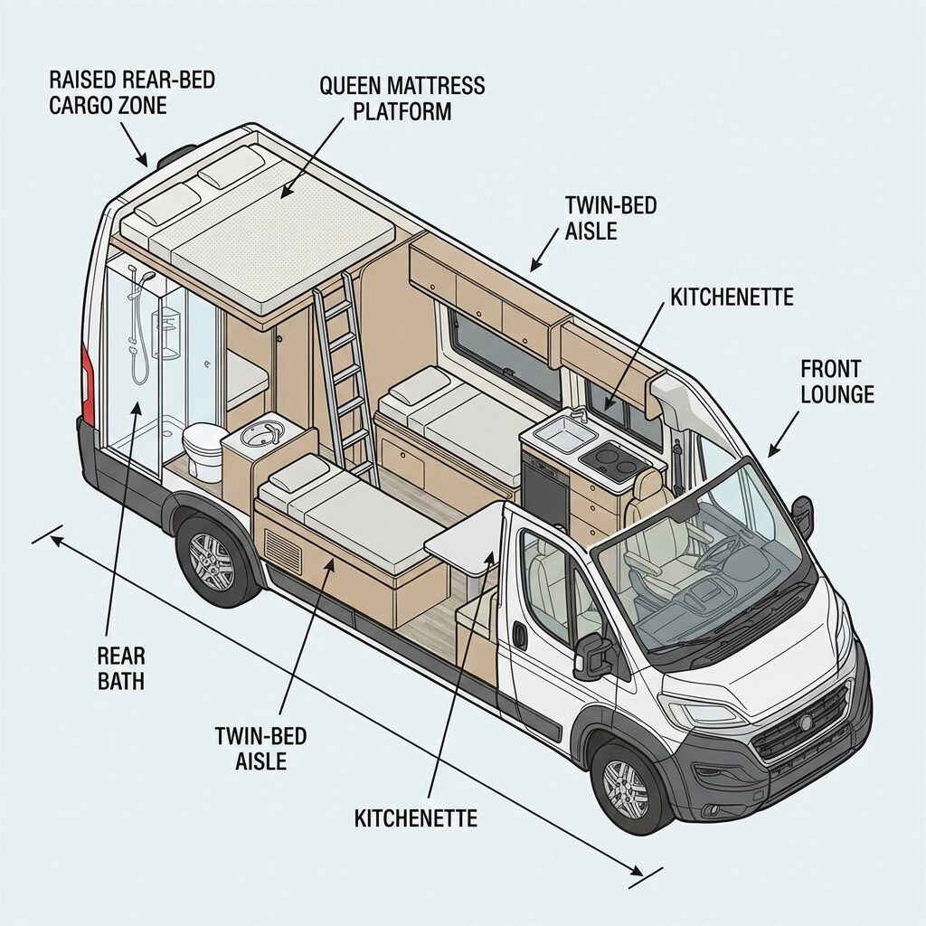 labeled interior diagram showing rear bath, front lounge, twin-bed aisle, and raised rear-bed cargo zone for class B camper Van