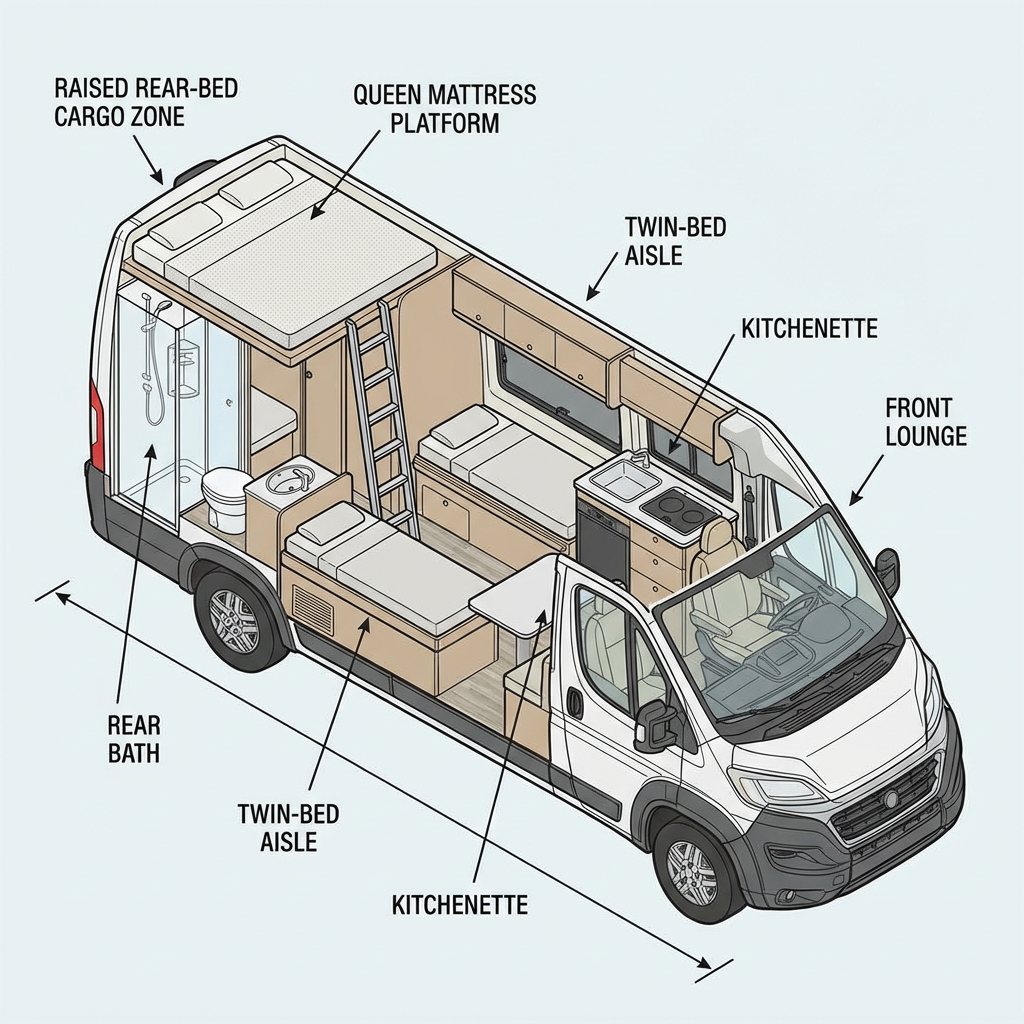 labeled interior diagram showing rear bath, front lounge, twin-bed aisle, and raised rear-bed cargo zone for class B camper Van