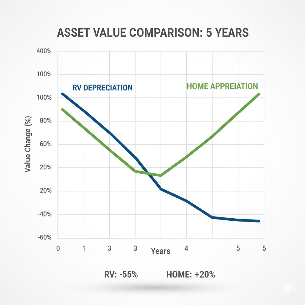 Chart showing RV depreciation over five years compared to home appreciation