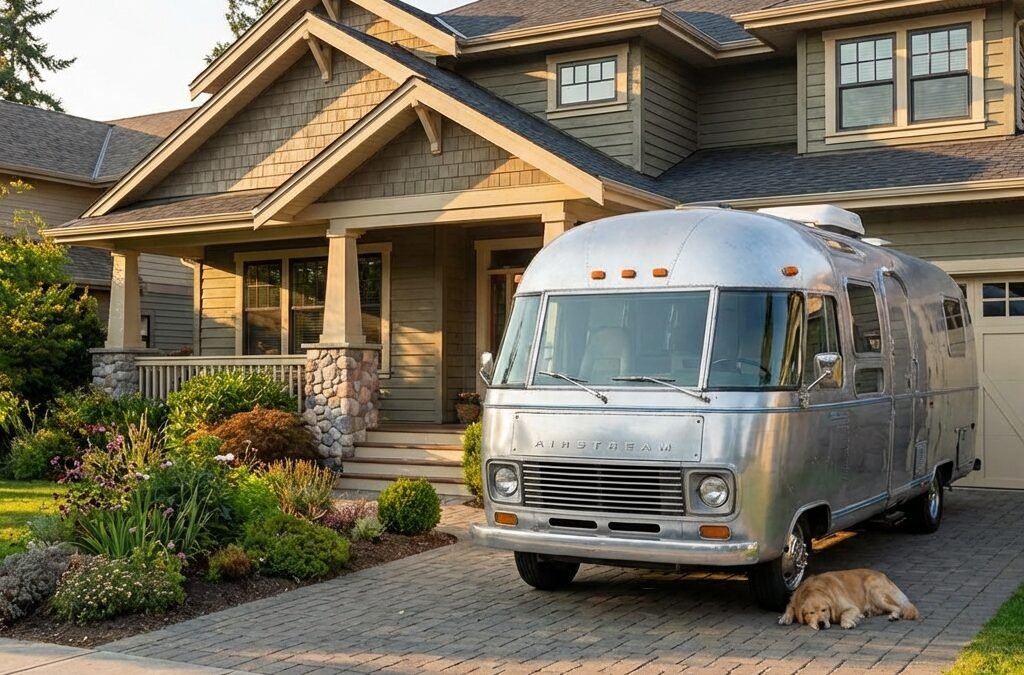 RV camper parked on residential property driveway