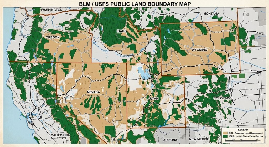 BLM/USFS public land boundary map
