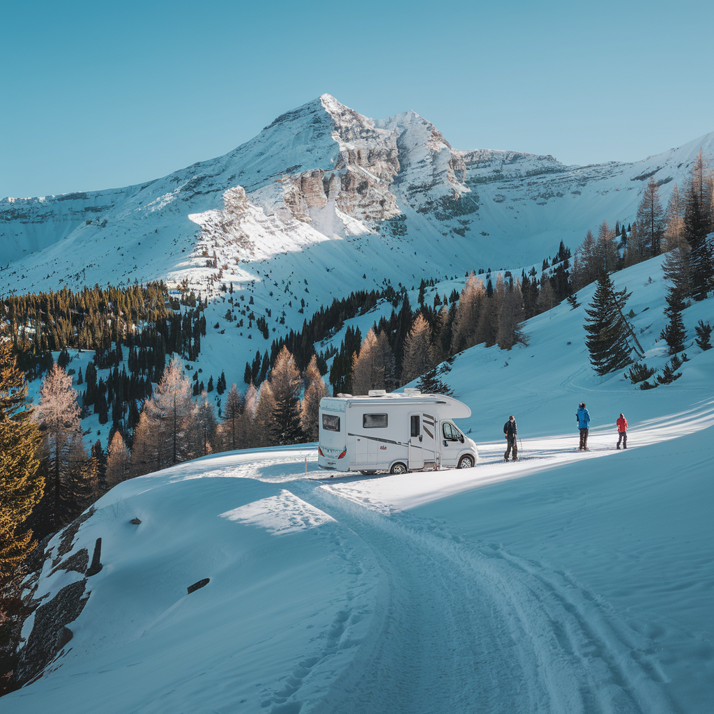 RV with snow covered mountains