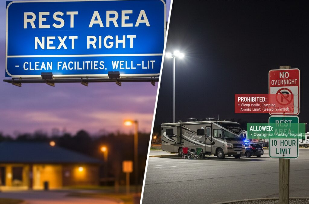 A split-screen or "hero" shot. On one side, a clean, well-lit interstate rest area sign at dusk. On the other, a close-up of a "No Overnight Parking" sign vs. a "Rest Area: 10 Hour Limit" sign.