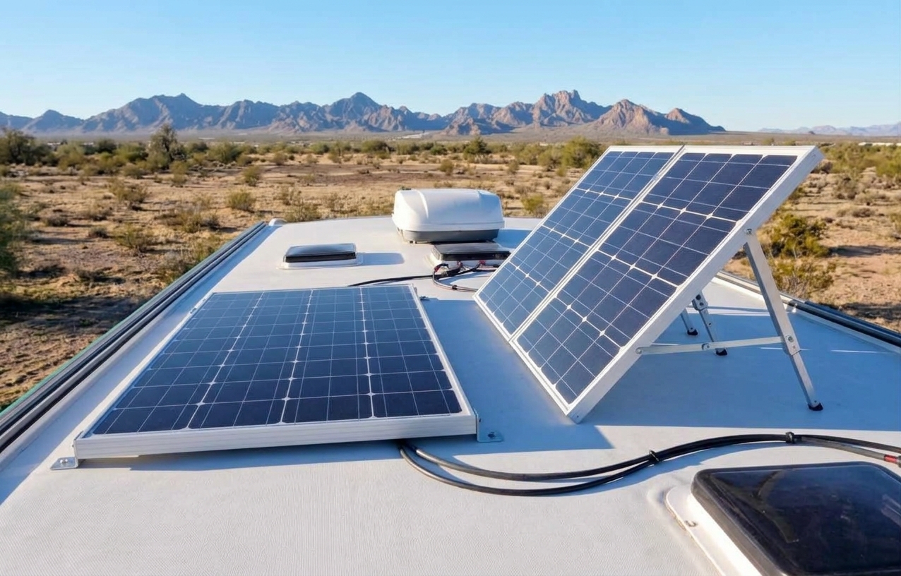 Flat roof-mounted RV solar panel next to a portable panel tilted toward the sun