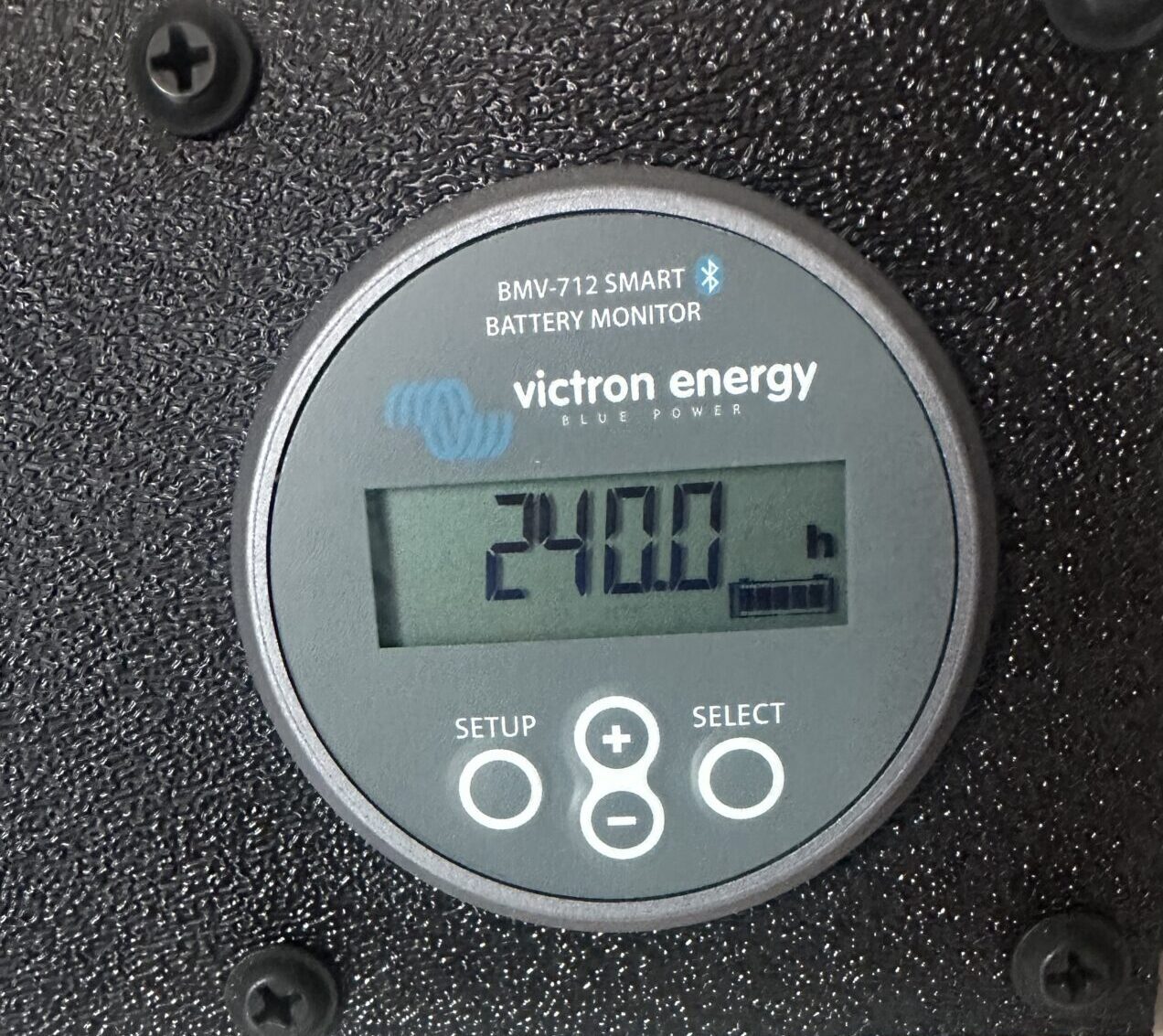 Victron BMV-712 Smart battery monitor mounted in a Hymer Aktiv showing 240.0 hours