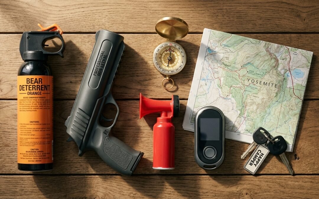 A professional high-angle flat lay photograph on a rustic wooden surface. The composition includes a canister of orange bear spray, a professional non-lethal pepper launcher, a small handheld air horn, and a modern digital personal alarm. Interspersed are camping items like a compass, a topographical map, and a set of RV keys.