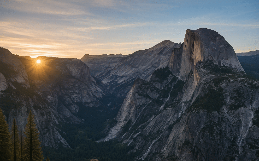 Photo-realistic landscape of Yosemite Valley with Half Dome, granite cliffs, pine forests and meadows at sunrise