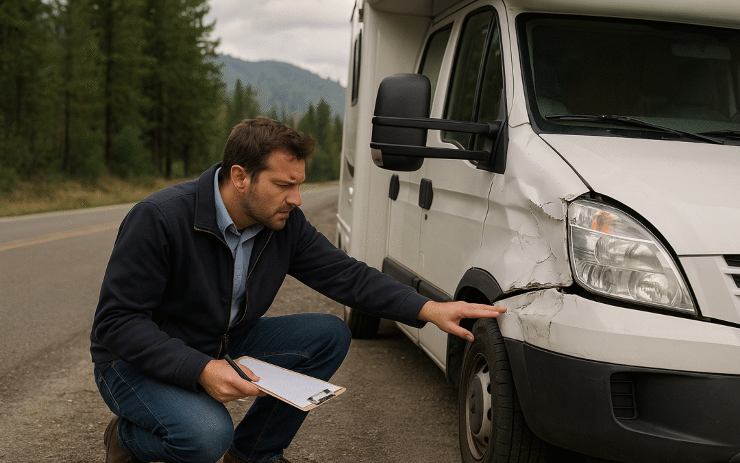 Photo-realistic wide image of an insurance adjuster inspecting the front damage of a white motorhome on a roadside with mountains and pine forest in the background.