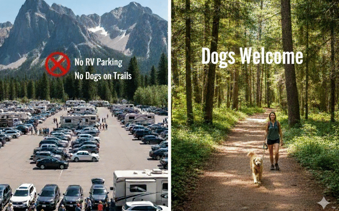 Comparison between crowded national park restrictions and spacious state park trail access for dogs