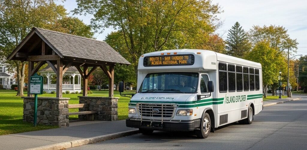 Island Explorer shuttle bus waiting at Bar Harbor Village Green stop downtown