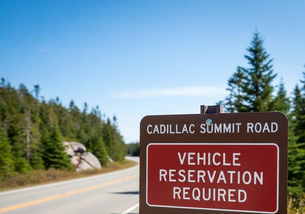 Vehicle reservation required sign at Cadillac Summit Road entry in Acadia National Park