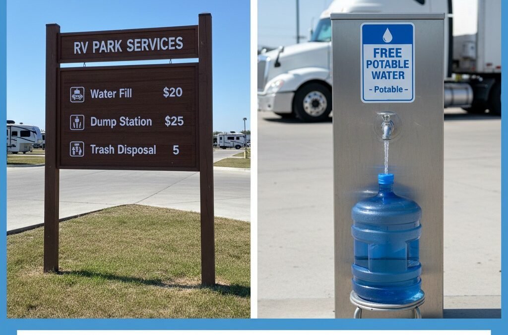RV park service fees compared to free truck stop water access