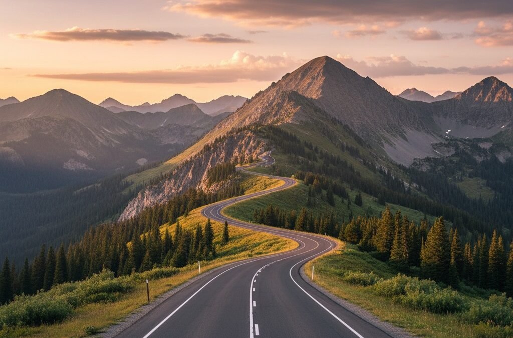 Solitary road skirting alpine ridge at golden hour