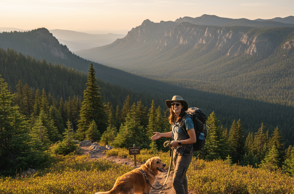 A person and their leashed dog on a forest trail looking out at a mountain view