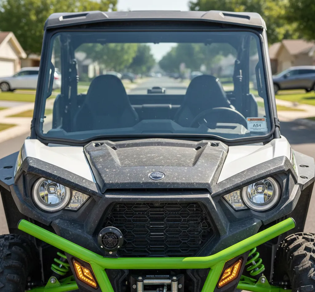 Front view of a side-by-side showing headlights, amber turn signals, and a full windshield