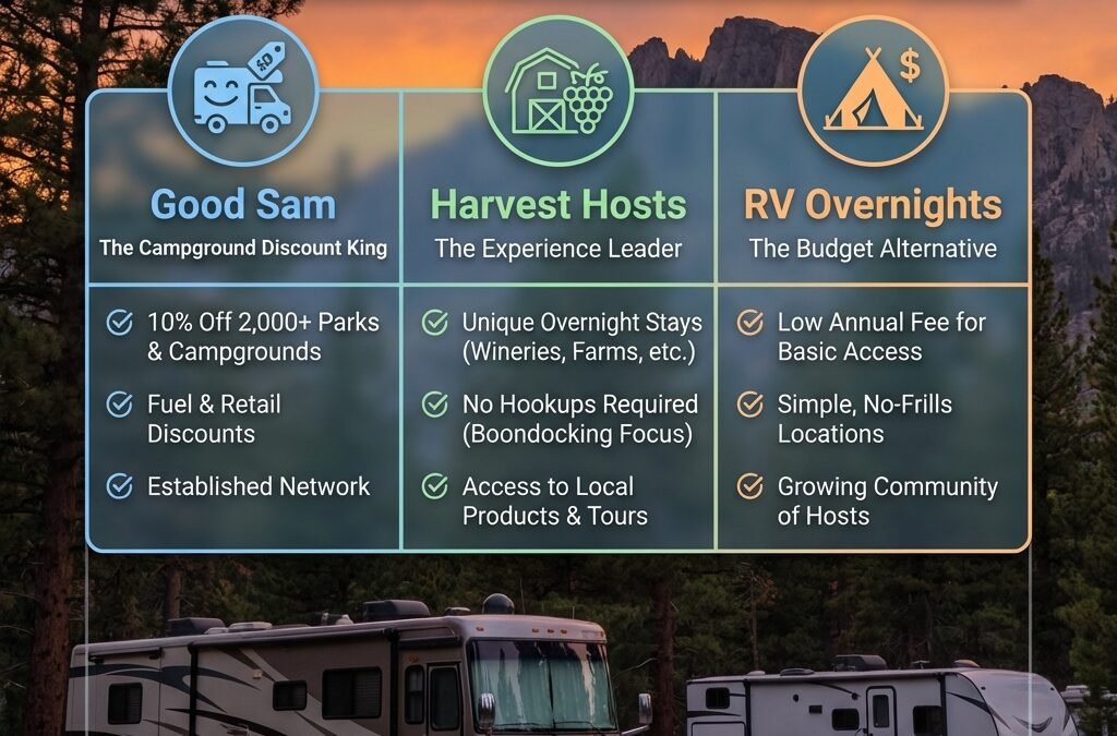 Infographic comparing 2026 RV membership costs, network sizes, and true cost-per-stay for Good Sam, Harvest Hosts, and RV Overnights.