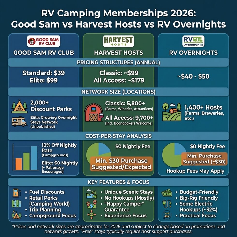 Good Sam vs Harvest Hosts vs RV Overnights: 2026 Costs