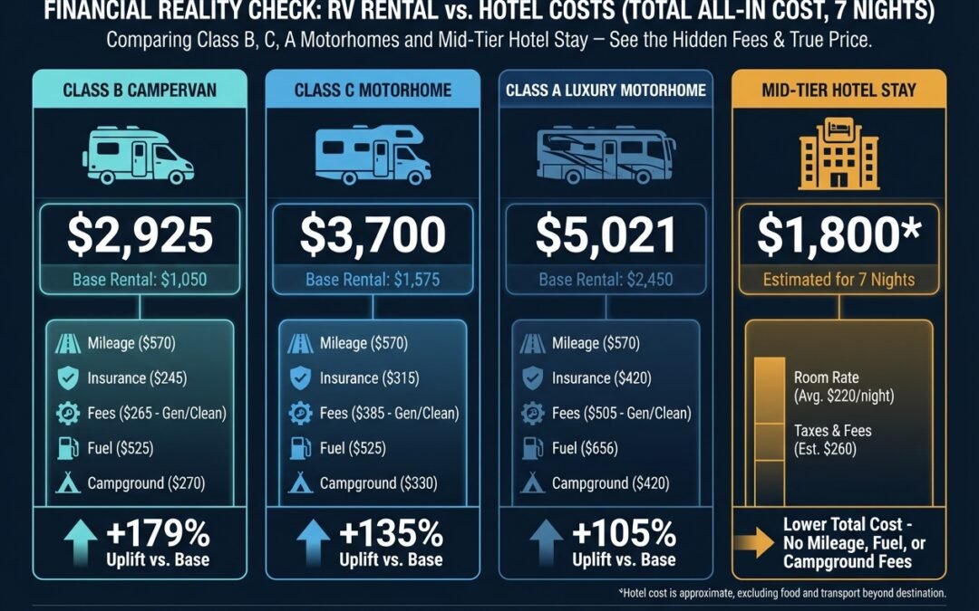 A high-contrast infographic or clean chart displaying the "Total All-In Cost" for Class B, C, and A motorhome rental side-by-side with mid-tier hotel costs.