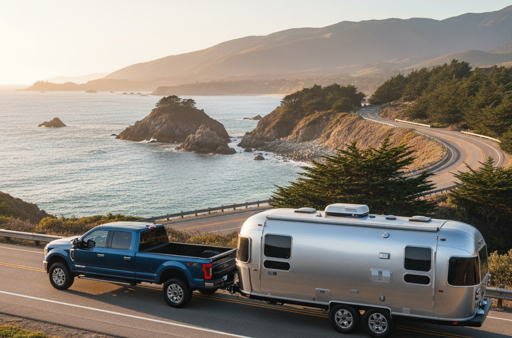 A high-resolution, aspirational photograph of a pickup truck towing a travel trailer on a scenic, open highway.