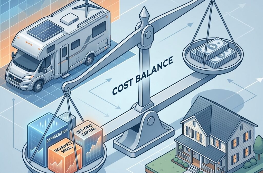 Comparative financial analysis of full-time RV living costs versus traditional housing in 2026, highlighting the $5,000 to $20,000 upfront investment required for sustainable boondocking.
