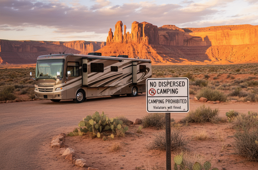 An RV is camped in a beautiful, scenic desert landscape