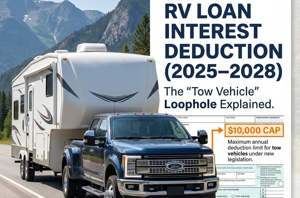 Infographic showing a U.S.-assembled pickup truck towing an RV with text explaining the $10,000 car loan interest deduction under Public Law 119-21