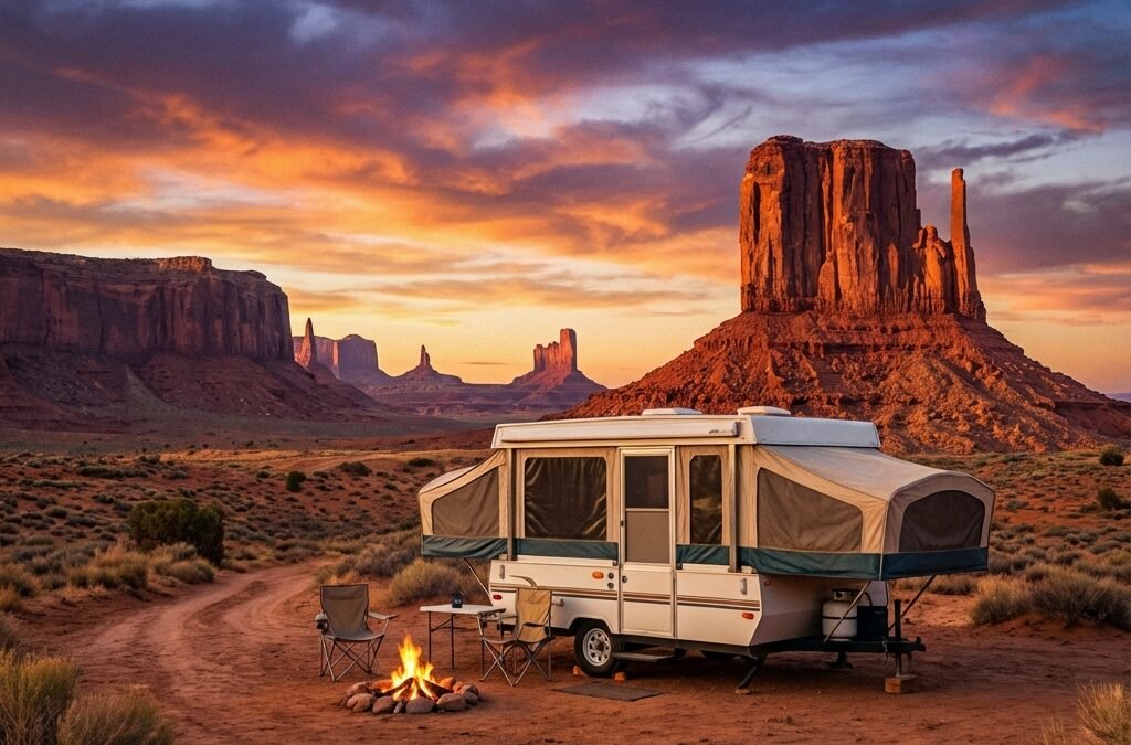 A wide-angle landscape photograph of a pop-up camper trailer, fully unfolded with canvas extended, parked alone in a remote American Southwest desert camping spot.