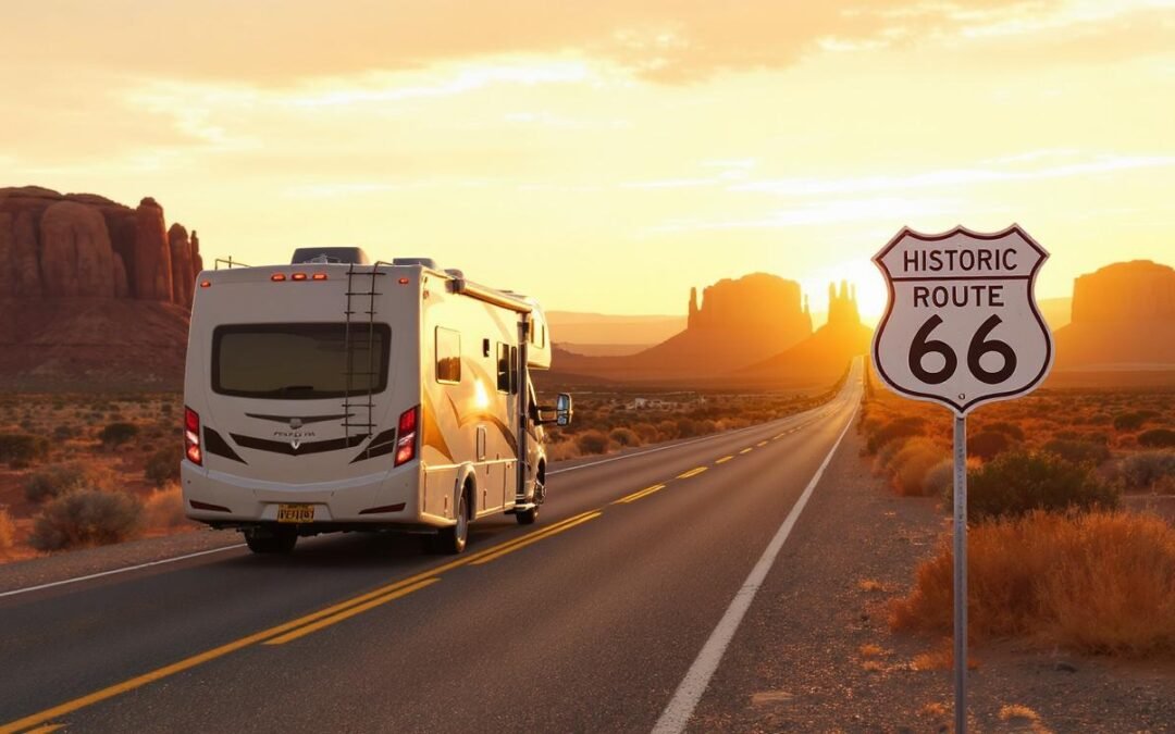 A modern RV driving past an iconic Route 66 marker