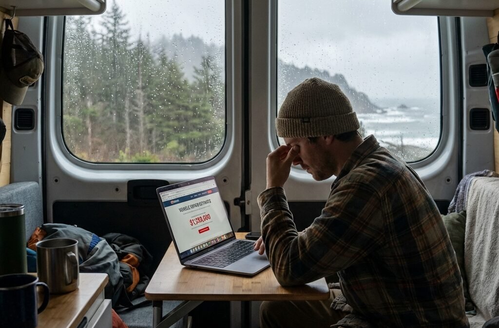 Van lifer sitting inside a camper van on a rainy day looking stressed at a laptop, illustrating the financial reality and potential regrets of nomadic living