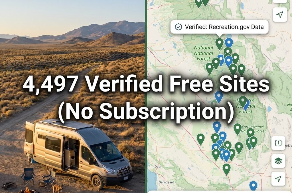 KampTrail interactive map interface showing verified BLM and National Forest free camping sites across the US.