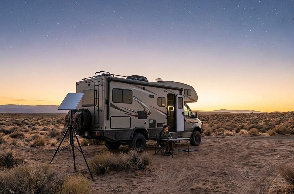 RV with starlink parked at desert boondocking location for remote internet connectivity