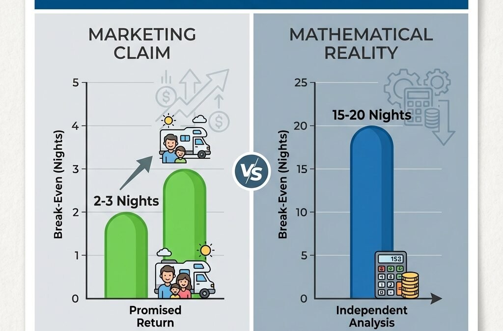 A split-screen graphic. On the left, a simplified "Marketing Claim" bar chart (showing 2-3 nights to break even). On the right, a "Mathematical Reality" bar chart (showing 15-20 nights).