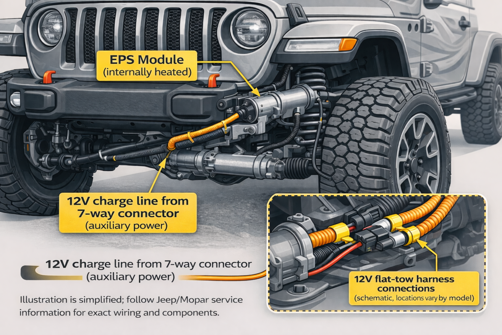 Jeep Wrangler front suspension diagram highlighting Electronic Power Steering system with EPS heater location and 12V power connection points