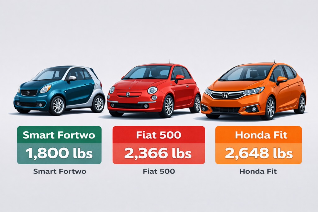 Comparison lineup of Smart Fortwo, Fiat 500, and Honda Fit with weight specifications overlaid showing curb weights from 1800 to 2648 lbs