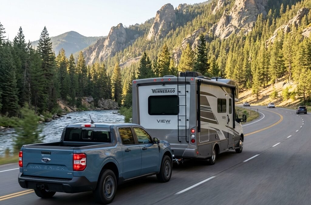 A 2025 Ford Maverick Hybrid AWD attached to an RV using a Blue Ox tow bar, highlighting flat towing compatibility.