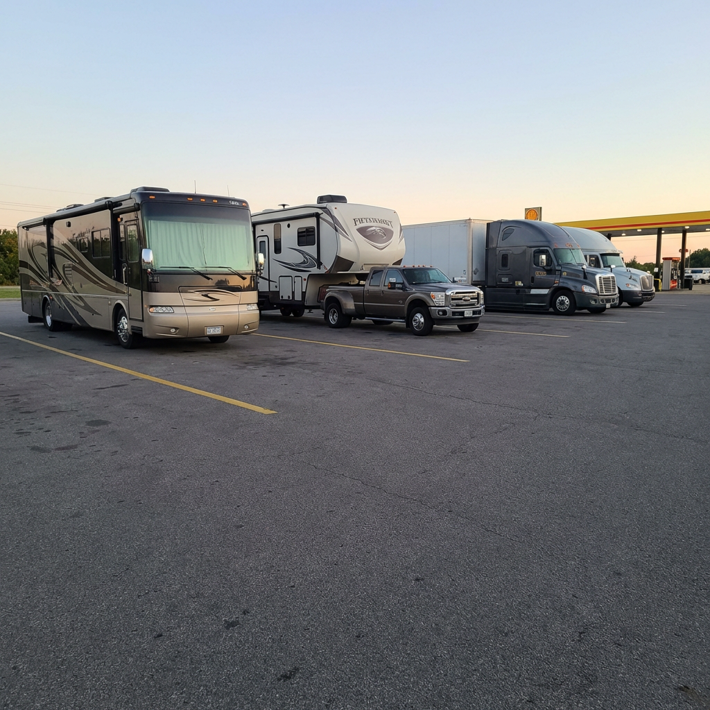 overnight RV parking area at a truck stop with pull-through spaces