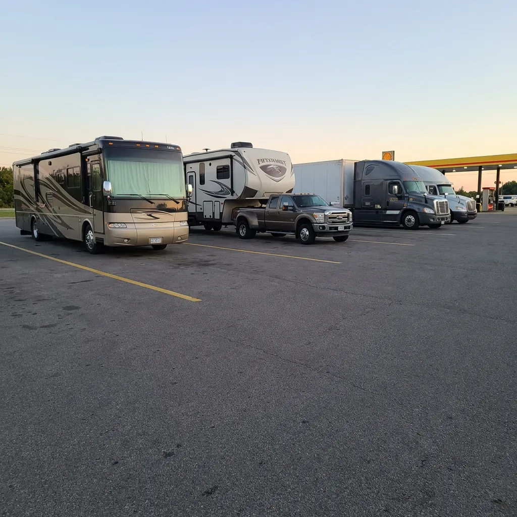 overnight RV parking area at a truck stop with pull-through spaces