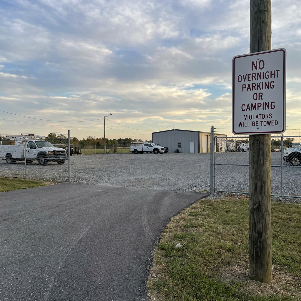 entrance to a commercial lot with a visible “No Overnight Parking” or “No Camping” sign