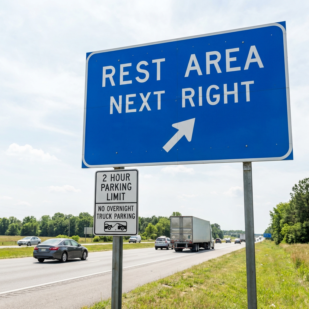 highway rest area sign with a second visual cue showing posted time limits or parking restrictions