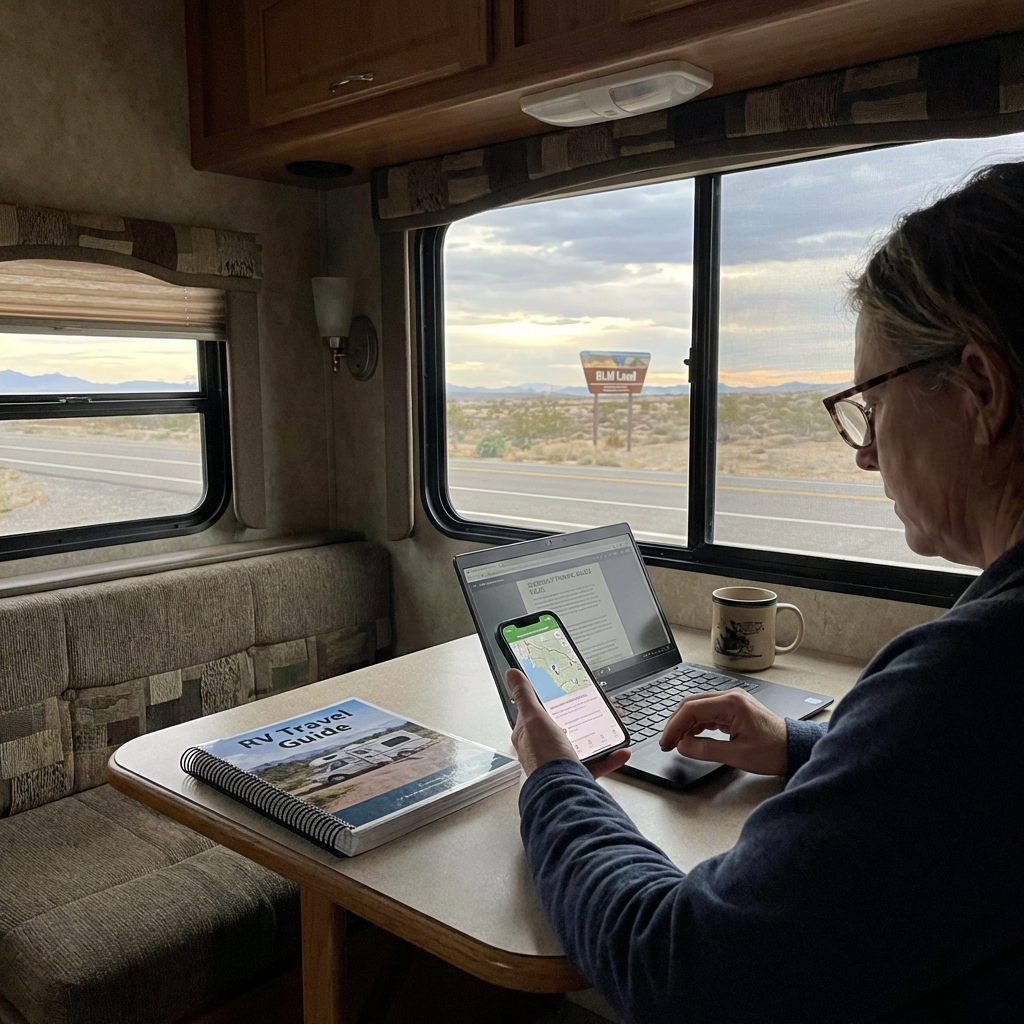 traveler inside an RV using a phone to verify overnight parking rules before arrival