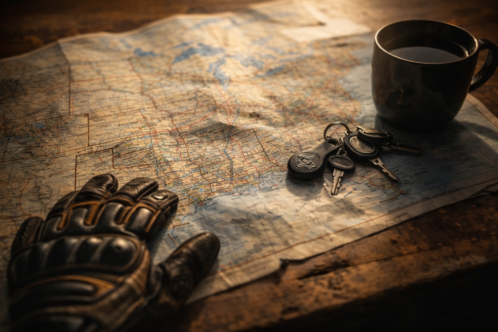 A close-up, high-detail photo of a weathered paper road map of the United States spread out on a wooden table. A pair of motorcycle gloves and a set of motorcycle keys sit on top of the map next to a cup of black coffee.