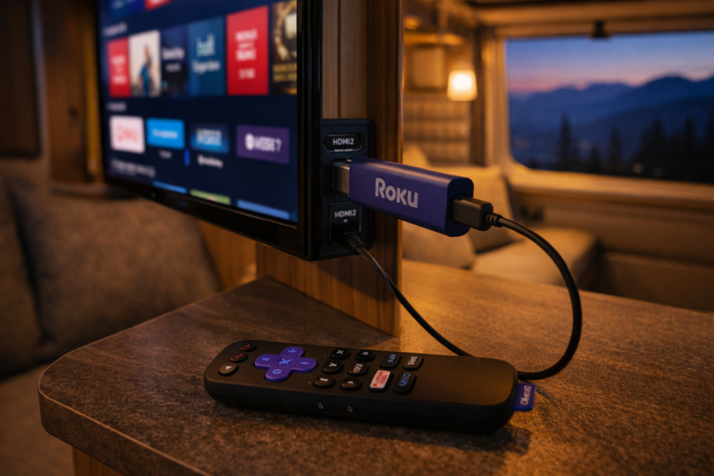 Roku Streaming Stick 4K installed in RV entertainment center showing compact size and simple HDMI connection for mobile streaming
