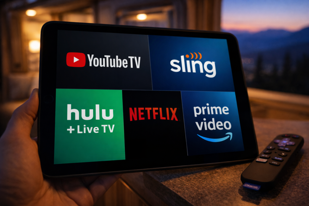 Comparison of top RV streaming services including YouTube TV Sling TV Hulu Live Netflix and Amazon Prime Video on mobile device