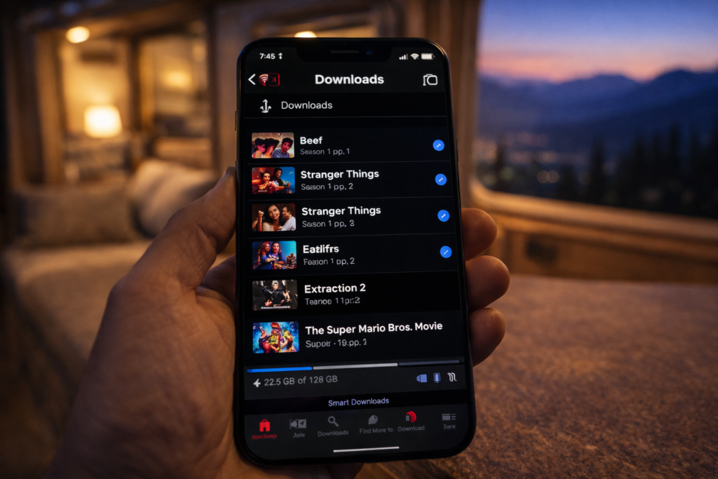 Netflix offline download interface displaying downloaded content library and available storage space for RV streaming without internet